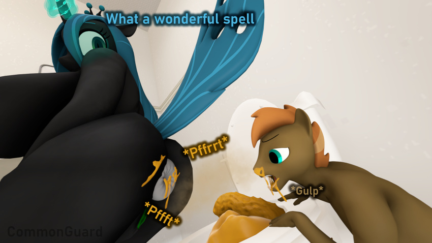 anal andromorph anthro anus big_butt bodily_fluids butt butt_sniffing button_mash_(mlp) commonguard dominant dominant_female duo eating_feces equid equine fart feces female forced friendship_is_magic hasbro hi_res horn horse humanoid intersex larger_female male male/female mammal my_little_pony pony queen_chrysalis_(mlp) scat size_difference smaller_male sniffing sweat text winged_unicorn wings