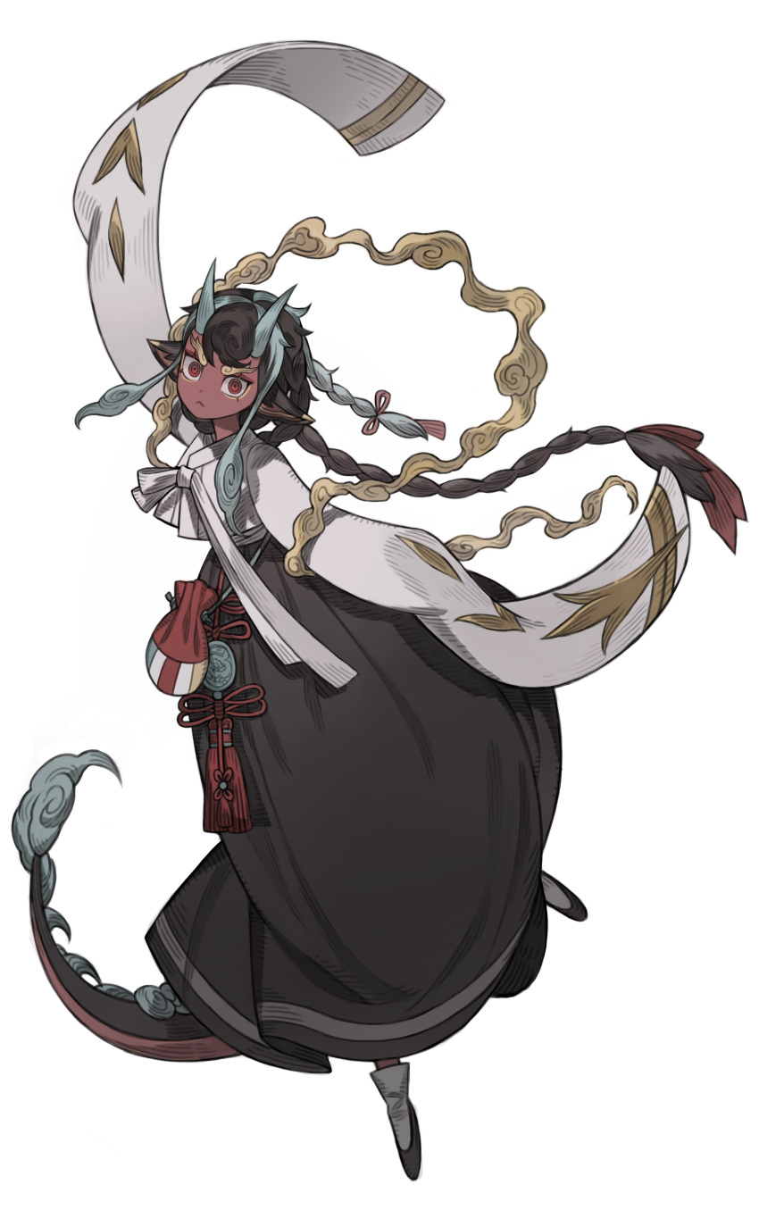 1girl absurdres black_hair black_skirt blue_hair braid braided_ponytail dark-skinned_female dark_skin frown full_body highres horns long_sleeves looking_at_viewer multicolored_hair napal_(ve_xillum) pointy_ears pouch red_eyes skirt sleeves_past_fingers sleeves_past_wrists solo tail thick_eyebrows two-tone_hair wide_sleeves