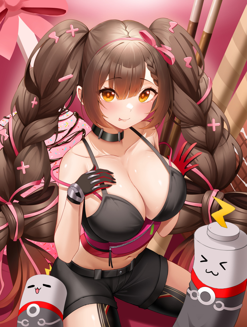 1girl absurdres android blush braid braided_bangs breast_suppress breasts breasts_squeezed_together brown_hair camisole cleavage collarbone commentary crop_top from_above glowing glowing_eyes hair_ribbon highres hololive large_breasts licking_lips long_hair looking_at_viewer mechanical_arms midriff navel orange_eyes ribbon roboco-san roina_(effj7473) short_shorts shorts smile tongue tongue_out twin_braids two-tone_gloves very_long_hair virtual_youtuber