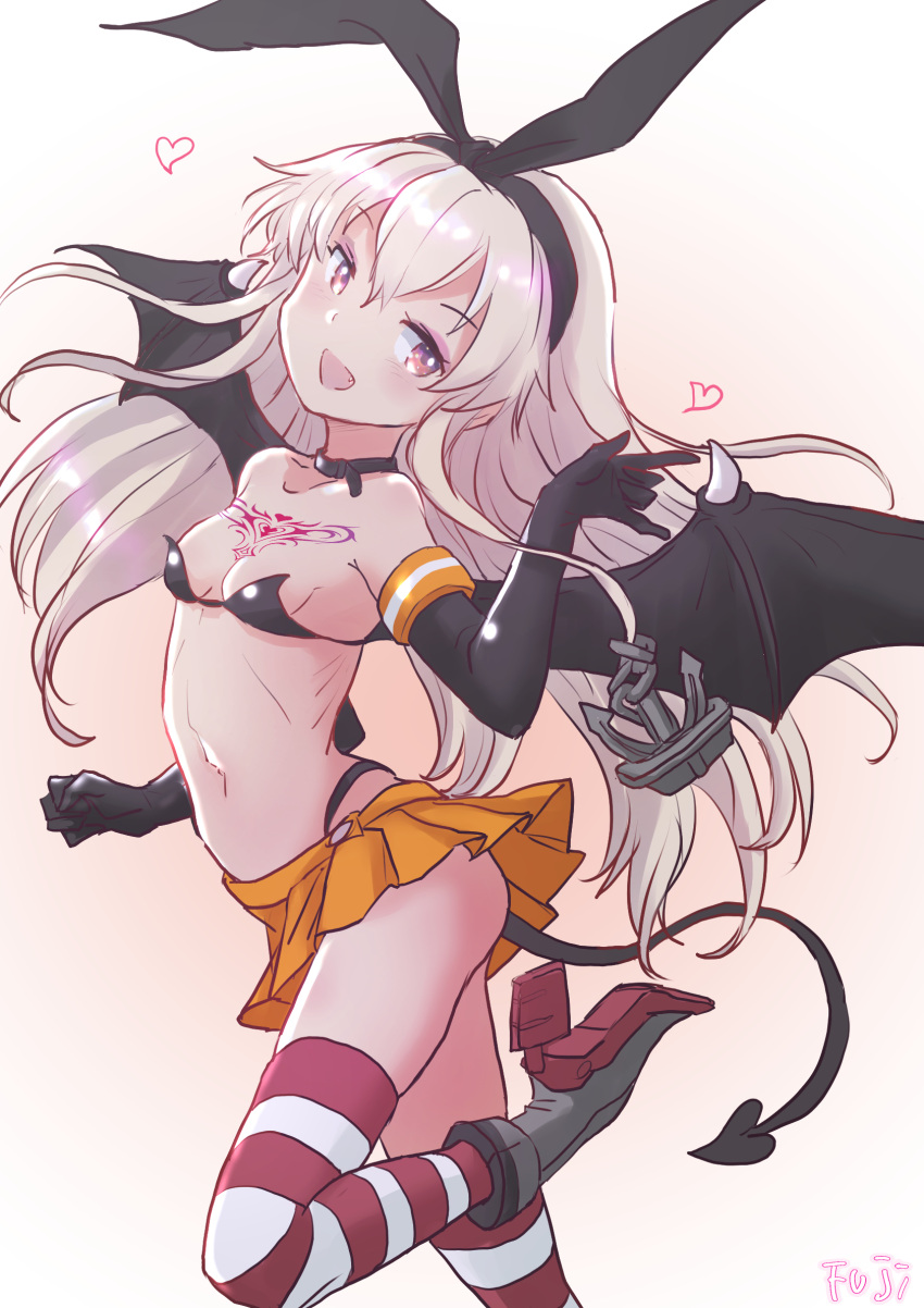 1girl alternate_costume bat_wings bikini black_bikini black_gloves black_hairband blonde_hair breasts demon_girl demon_tail demon_wings elbow_gloves feet_out_of_frame fingerless_gloves fuji_(pixiv24804665) gloves grey_eyes hairband highres kantai_collection long_hair navel orange_skirt pleated_skirt shimakaze_(kancolle) skirt small_breasts solo striped striped_thighhighs swimsuit tail tattoo thighhighs wings