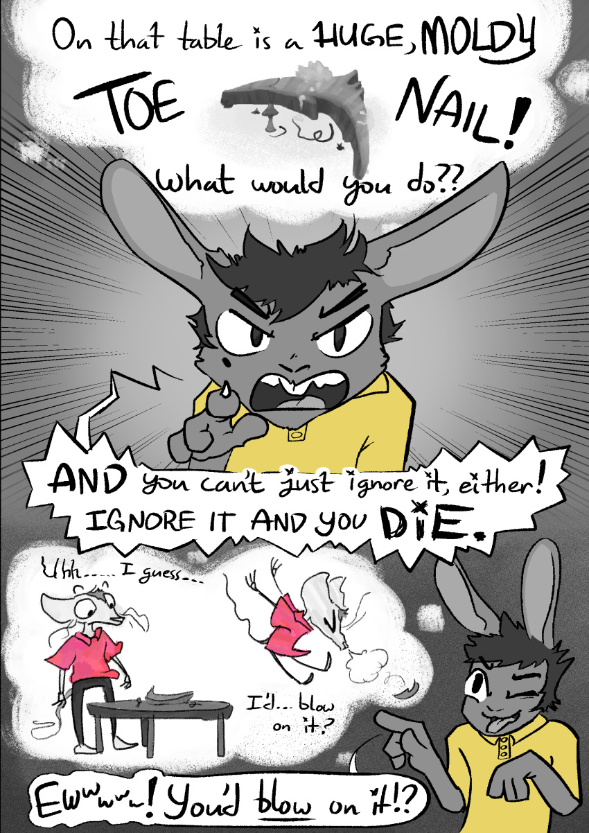 2023 absurd_res anthro beauchamp_(halcyon) clothed clothing comic dialogue digital_media_(artwork) duo english_text fur greyscale hair halcyon_(series) herba_(halcyon) hi_res humor lagomorph leporid lost_andsafe male male/male mammal monochrome mouse murid murine open_mouth rabbit rodent simple_background smile tail text