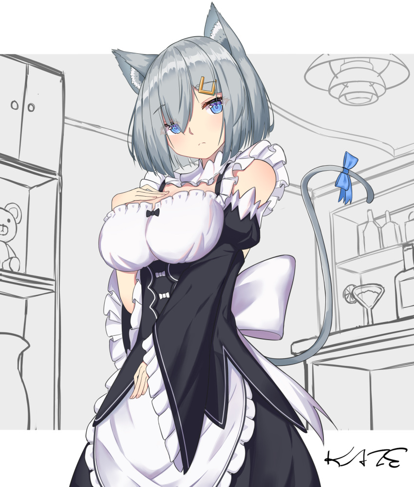 1girl absurdres animal_ears blue_eyes breasts cat_ears cosplay grey_hair hair_ornament hairpin hamakaze_(kancolle) highres hu_tao_kaze indoors kantai_collection large_breasts looking_at_viewer maid medium_hair rem_(re:zero) rem_(re:zero)_(cosplay) solo tail upper_body