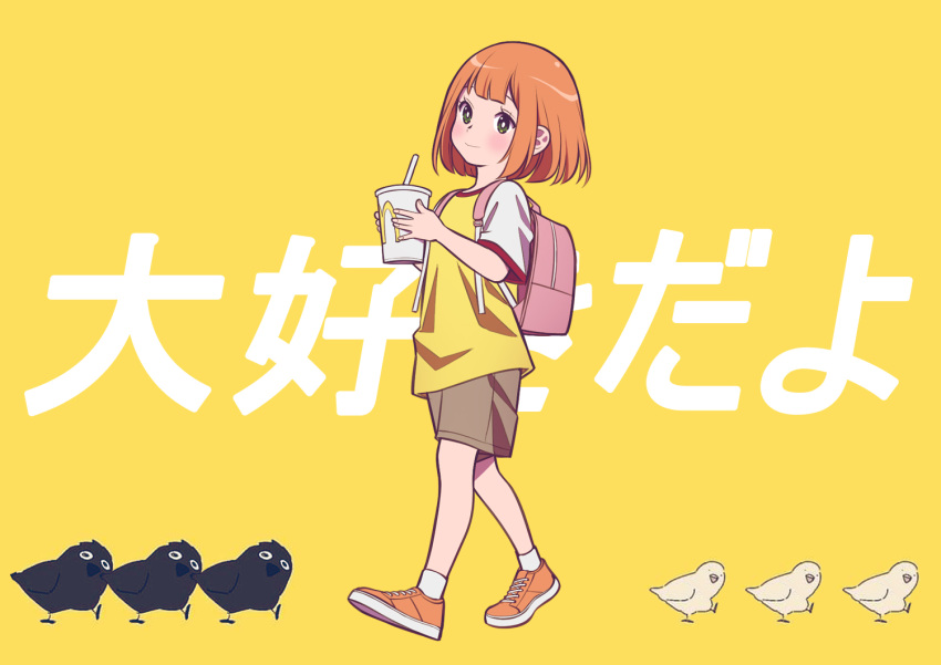 1girl andrian_januar_adilia backpack bag bird black_bird brown_shorts closed_mouth cup daughter_(yoru_mac) disposable_cup drink english_commentary full_body green_eyes holding holding_cup holding_drink kyoufuu_all_back_(vocaloid) orange_footwear orange_hair pink_bag shirt shoes short_hair short_sleeves shorts socks walking white_sleeves white_socks yellow_background yellow_shirt yoru_mac