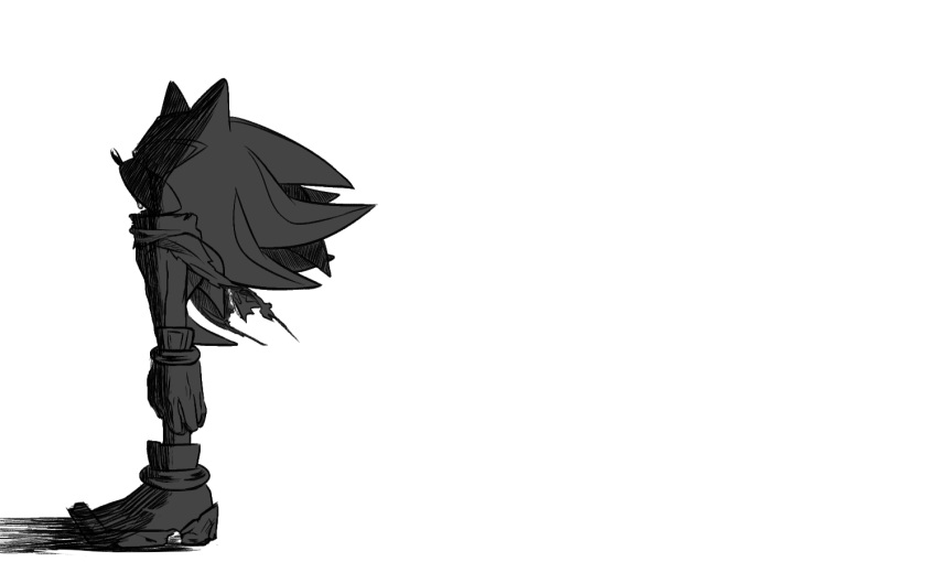 1boy animal_ears animal_nose boots bracelet closed_eyes crying english_commentary full_body furry furry_male gloves hedgehog hedgehog_ears hedgehog_tail jewelry male_focus malleng_sonic no_mouth scarf shadow shadow_the_hedgehog simple_background solo sonic_(series) standing tail tears torn_clothes