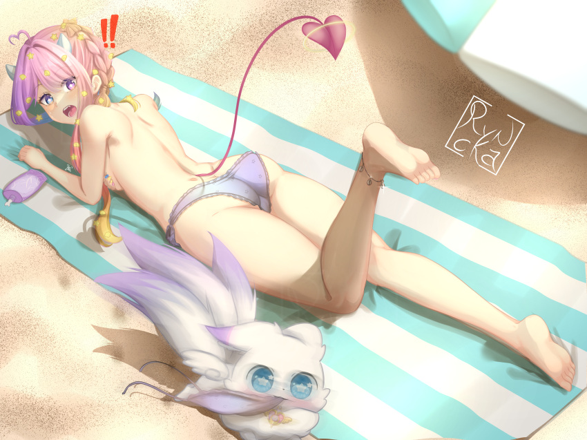 ! !! 1girl absurdres ahoge animal anklet artist_logo ass back barefoot beach beach_umbrella bikini bikini_top_removed blonde_hair blue_eyes braid clothes_theft commission demon_horns demon_tail emberlith fang fox gradient_hair hair_ornament halo heart heart_ahoge heterochromia highres horns hoshi_(emberlith) indie_virtual_youtuber jewelry leg_up legs lying multicolored_hair multiple_tails nail_polish no_wings on_stomach open_mouth pink_hair purple_eyes purple_hair ryncka sand star-shaped_pupils star_(symbol) star_hair_ornament striped_towel sweatdrop swimsuit swimsuit_theft symbol-shaped_pupils tail theft thighs umbrella virtual_youtuber white_bikini