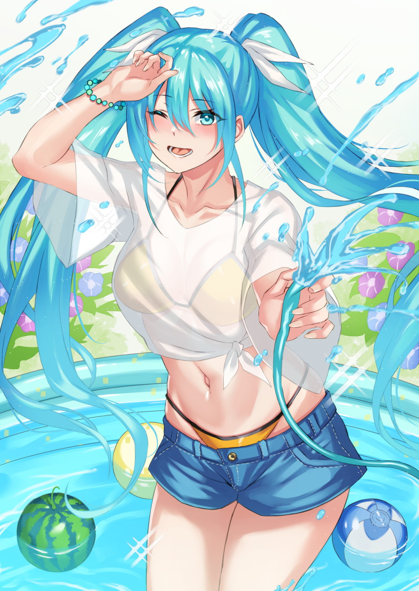 1girl ;d ball beachball bead_bracelet beads bikini bikini_under_clothes blue_eyes blue_hair blush bracelet breasts collarbone commentary_request cowboy_shot day denim denim_shorts flower food fruit groin hair_between_eyes hair_ribbon halterneck hand_up hatsune_miku highres holding holding_hose hose hydrangea inue_ao jewelry long_hair looking_at_viewer lower_teeth_only lowleg lowleg_shorts medium_breasts navel one_eye_closed open_mouth revision ribbon see-through see-through_shirt shirt short_shorts short_sleeves shorts sidelocks smile solo sparkle spraying standing string_bikini swimsuit t-shirt teeth tied_shirt twintails very_long_hair vocaloid wading wading_pool water watermelon white_ribbon white_shirt yellow_bikini