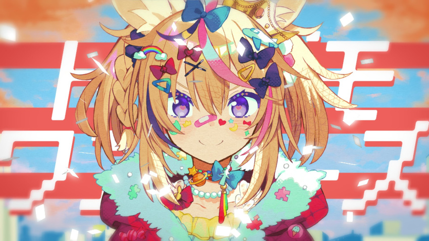 1girl animal_ears bandaid bandaid_on_face bandaid_on_nose black_bow blonde_hair blue_bow blush bow braid collarbone colorful commentary decora english_commentary fox_ears fox_girl fur_trim hair_bow hair_ornament hairclip highres hololive hood hooded_jacket jacket long_hair miwasiba multicolored_hair official_art omaru_polka pink_hair portrait red_bow red_jacket side_braid smile solo sticker streaked_hair tondemo_wonders_(vocaloid) twintails v-shaped_eyebrows virtual_youtuber