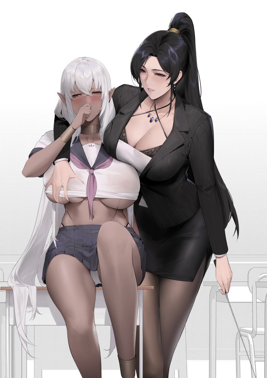 2girls absurdres alios_arvin black_bra black_hair black_jacket black_skirt blush bra breasts cleavage commentary dark-skinned_female dark_skin elf english_commentary feet_out_of_frame grabbing grabbing_another's_breast grey_hair hand_up highres holding jacket jewelry large_breasts long_hair long_sleeves mole mole_under_eye multiple_girls necklace original panties pantyhose parted_lips pleated_skirt pointy_ears ponytail purple_eyes shirt short_sleeves skirt smile thighs underwear white_panties white_shirt yuri