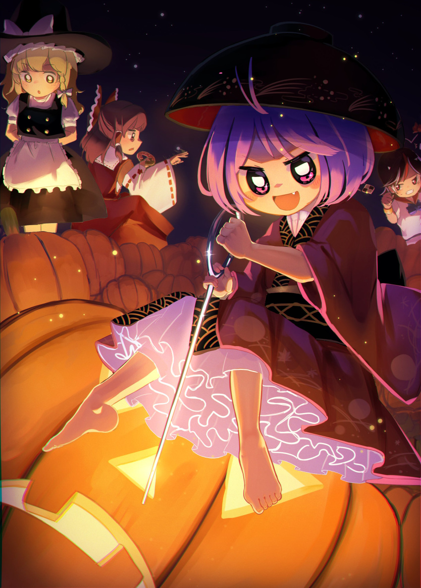 4girls absurdres antenna_hair apron barefoot black_headwear blonde_hair bowl bowl_hat braid commentary_request detached_sleeves fang hakurei_reimu hangaku_th hat highres jack-o'-lantern japanese_clothes kijin_seija kimono kirisame_marisa multiple_girls needle_sword purple_eyes purple_hair red_kimono ribbon-trimmed_sleeves ribbon_trim short_hair side_braid single_braid sukuna_shinmyoumaru touhou waist_apron white_apron