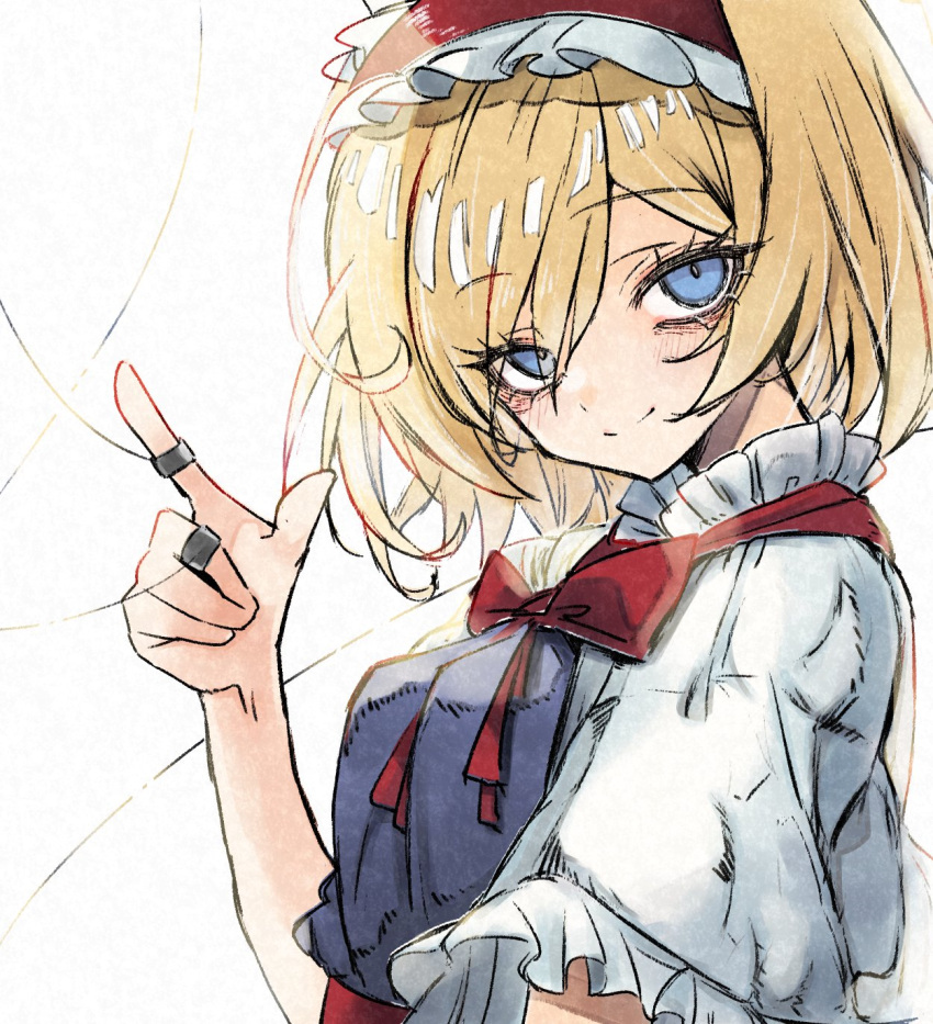 1girl alice_margatroid blonde_hair blue_eyes blue_vest bow closed_mouth commentary_request deal360acv frilled_hairband frilled_shirt_collar frills hairband highres index_finger_raised jewelry looking_at_viewer puppet_rings puppet_strings red_bow red_hairband ring shirt short_hair short_sleeves simple_background smile solo touhou upper_body vest white_background white_shirt