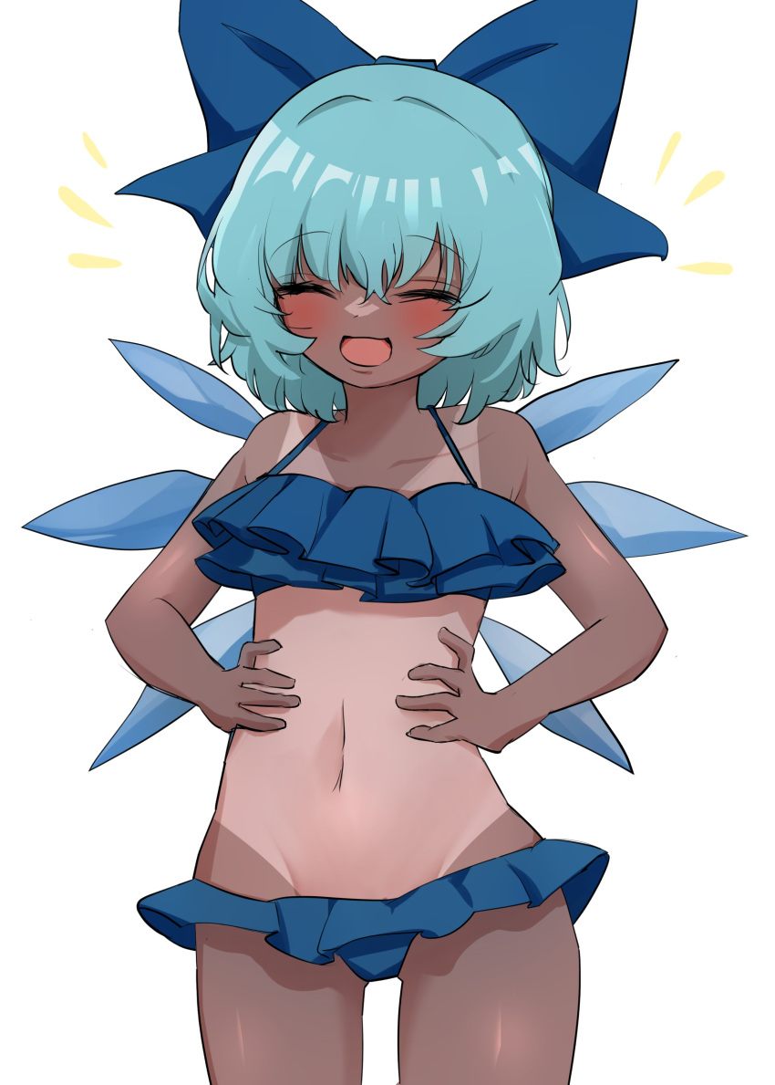 1girl absurdres bikini blue_bikini blue_bow blue_hair blush bow cirno commentary_request cowboy_shot detached_wings facing_viewer frilled_bikini frills hair_bow hands_on_own_stomach highres ice ice_wings mikan_(manmarumikan) navel open_mouth short_hair simple_background solo swimsuit tan tanlines tanned_cirno touhou white_background wings