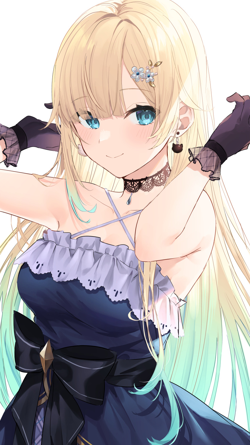 1girl absurdres aizawa_ema arms_up bare_arms bare_shoulders black_choker black_gloves blonde_hair blue_dress blue_eyes blush breasts cat_earrings choker closed_mouth criss-cross_halter dress earrings flower gloves gradient_hair green_hair hair_flower hair_ornament halterneck highres jewelry long_hair looking_at_viewer medium_breasts multicolored_hair simple_background sleeveless sleeveless_dress smile solo spaghetti_strap strapless strapless_dress upper_body virtual_youtuber vspo! white_background yuzutouhu_ika