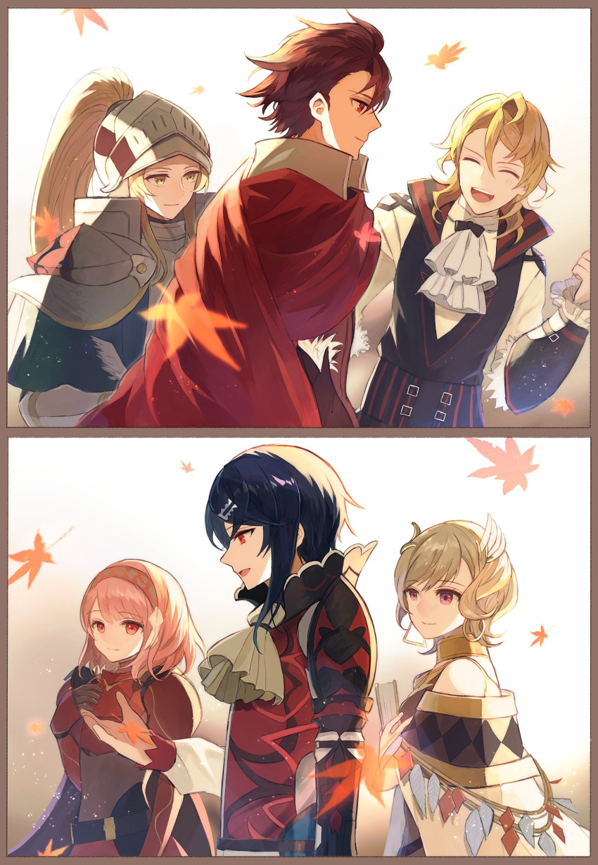 3boys 3girls alcryst_(fire_emblem) amber_(fire_emblem) armor ascot blonde_hair blue_hair cape citrinne_(fire_emblem) diamant_(fire_emblem) earrings feather_hair_ornament feathers fire_emblem fire_emblem_engage hair_ornament hairband high_collar highres jade_(fire_emblem) jewelry lapis_(fire_emblem) leaf_(esabacoo) long_hair long_sleeves looking_at_another looking_to_the_side multiple_boys multiple_girls pink_hair ponytail red_cape red_eyes red_hair shirt short_hair white_ascot yellow_eyes