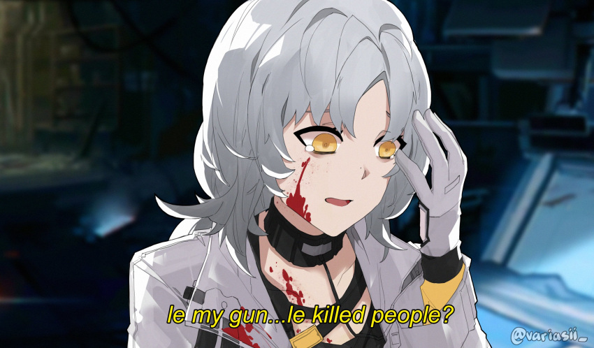 1girl blood blood_on_clothes commentary english_commentary erma_(girls'_frontline) girls'_frontline gloves highres jacket long_hair long_sleeves looking_down open_mouth oppenheimer_(movie) parody solo subtitled tearing_up twitter_username variasii white_gloves white_hair white_jacket yellow_eyes