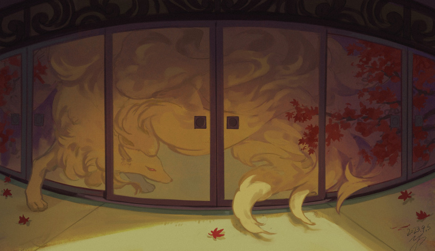 absurdres bright_pupils commentary_request dated highres indoors leaf looking_down ninetales no_humans pokemon pokemon_(creature) red_eyes signature sliding_doors solo tatami white_pupils yu_ikedon