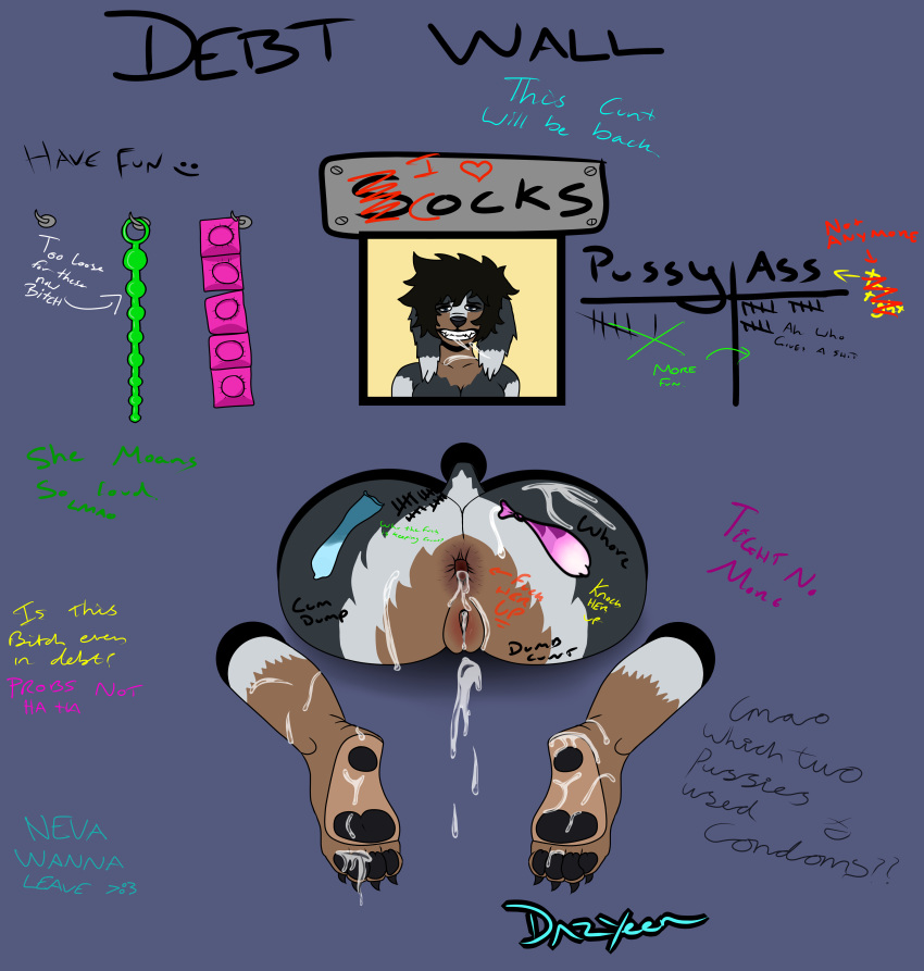 absurd_res anal_beads anthro anus artist_dazyeen bodily_fluids body_writing character_socks(dazyeen) chart clothing condom cum cum_in_ass cum_inside cum_on_feet debt degradation excessive_cum excessive_genital_fluids feet female filled_condom footwear gaping gaping_anus gaping_pussy genital_fluids genitals glory_hole hi_res hole_in_wall photo portrait_(object) public_use pussy sex_toy sexual_barrier_device socks soles solo tally_marks