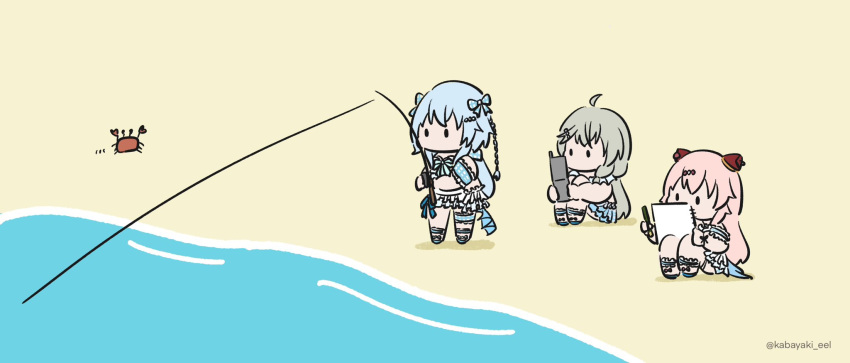 3girls ahoge animal arm_garter assault_lily bare_arms bare_shoulders beach bikini bikini_skirt blue_bikini blue_footwear blue_hair bow braid bridal_garter cellphone chibi commentary crab day endou_araya fishing fishing_rod footwear_bow frilled_bikini frills grey_hair hair_bow hair_ornament hairclip hairpods hands_up highres holding holding_fishing_rod holding_pencil holding_phone holding_sketchbook kabayaki_(kabayaki_eel) kanabako_misora knees_up long_hair looking_ahead looking_at_object looking_at_phone low_twintails mori_tatsuki multiple_girls no_mouth official_alternate_costume on_ground outdoors pencil phone pink_hair plaid plaid_bikini plaid_bow sandals sitting sketchbook solid_oval_eyes standing swimsuit twintails twitter_username water