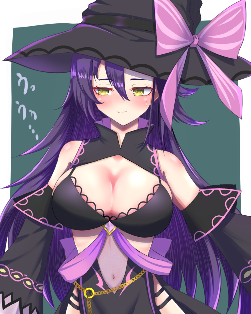 1girl :t assault_lily averting_eyes bare_shoulders bikini black_bikini black_headwear blush border bow breasts cleavage closed_mouth commentary_request cowboy_shot detached_sleeves green_background hair_between_eyes hair_down halloween_costume hat hat_bow highres honma_akehi large_breasts long_hair long_sleeves looking_to_the_side nanakusa_yukiusagi navel official_alternate_costume official_alternate_hairstyle outside_border pelvic_curtain pink_bow purple_hair see-through shrug_(clothing) sideways_glance simple_background solo standing sweatdrop swimsuit very_long_hair white_border wide_sleeves witch_hat yellow_eyes