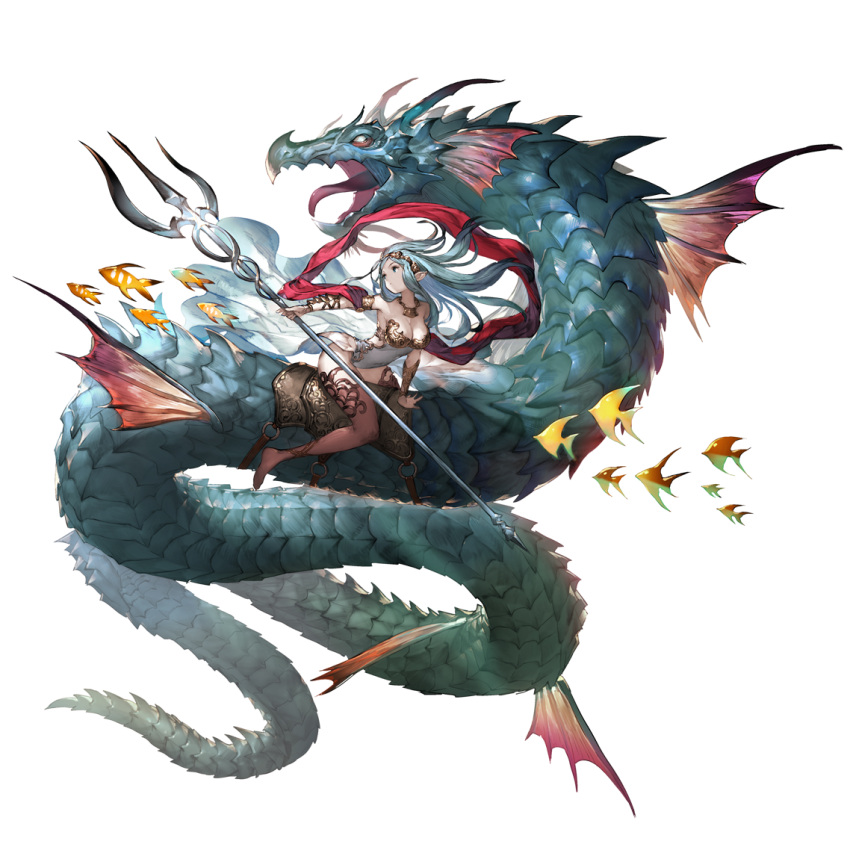 1girl blue_eyes blue_hair breasts cleavage fish granblue_fantasy holding holding_trident holding_weapon jewelry leotard long_hair minaba_hideo necklace neptune_(granblue_fantasy) no_shoes official_art pointy_ears riding saddle sea_serpent thighhighs third-party_source weapon