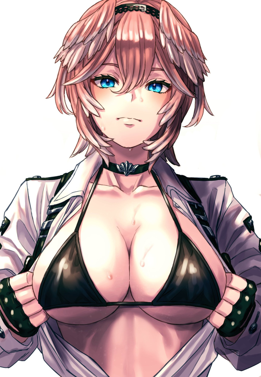 1girl bikini black_bikini black_choker black_gloves blue_eyes breast_focus breasts choker cleavage collared_shirt feathered_wings fingerless_gloves gloves hair_between_eyes hair_wings headband highres hololive large_breasts looking_at_viewer open_clothes open_shirt pink_hair shirt short_hair simple_background solo supa_9_rou sweat sweatdrop swimsuit takane_lui takane_lui_(1st_costume) unbuttoned unbuttoned_shirt virtual_youtuber white_background white_shirt wings