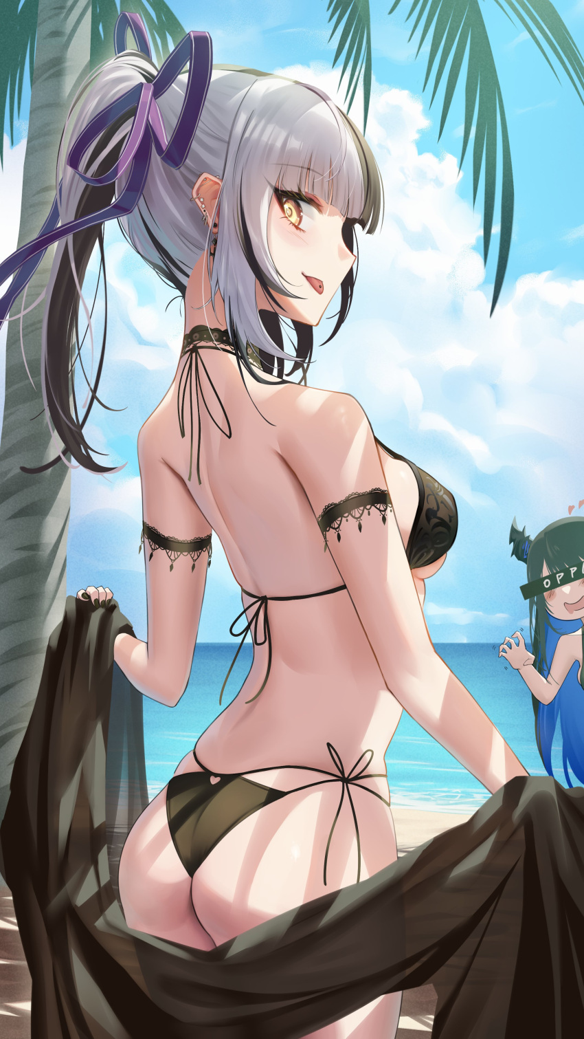 2girls absurdres arm_strap ass barbell_piercing bikini black_bikini black_hair black_nails black_shawl blue_sky breasts cloud day high_ponytail highres hololive hololive_english large_breasts looking_at_another looking_at_viewer looking_back multicolored_hair multiple_girls multiple_piercings nerissa_ravencroft outdoors palm_tree piercing shawl shiori_novella sky solo_focus somebody_(leiking00) split-color_hair swimsuit tongue tongue_out tongue_piercing tree two-tone_hair virtual_youtuber white_hair yellow_eyes