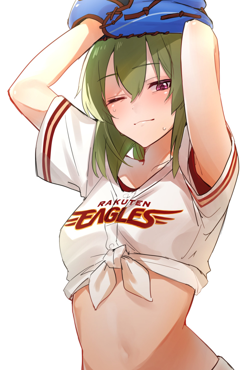 1girl ;) absurdres arms_up baseball_mitt baseball_uniform blush breasts collarbone green_eyes highres idolmaster idolmaster_million_live! light_smile looking_at_viewer medium_breasts nagayoshi_subaru navel nippon_professional_baseball one_eye_closed red_eyes shirt simple_background smile solo sportswear sweatdrop tied_shirt touhoku_rakuten_golden_eagles tutimaru0730 upper_body white_background