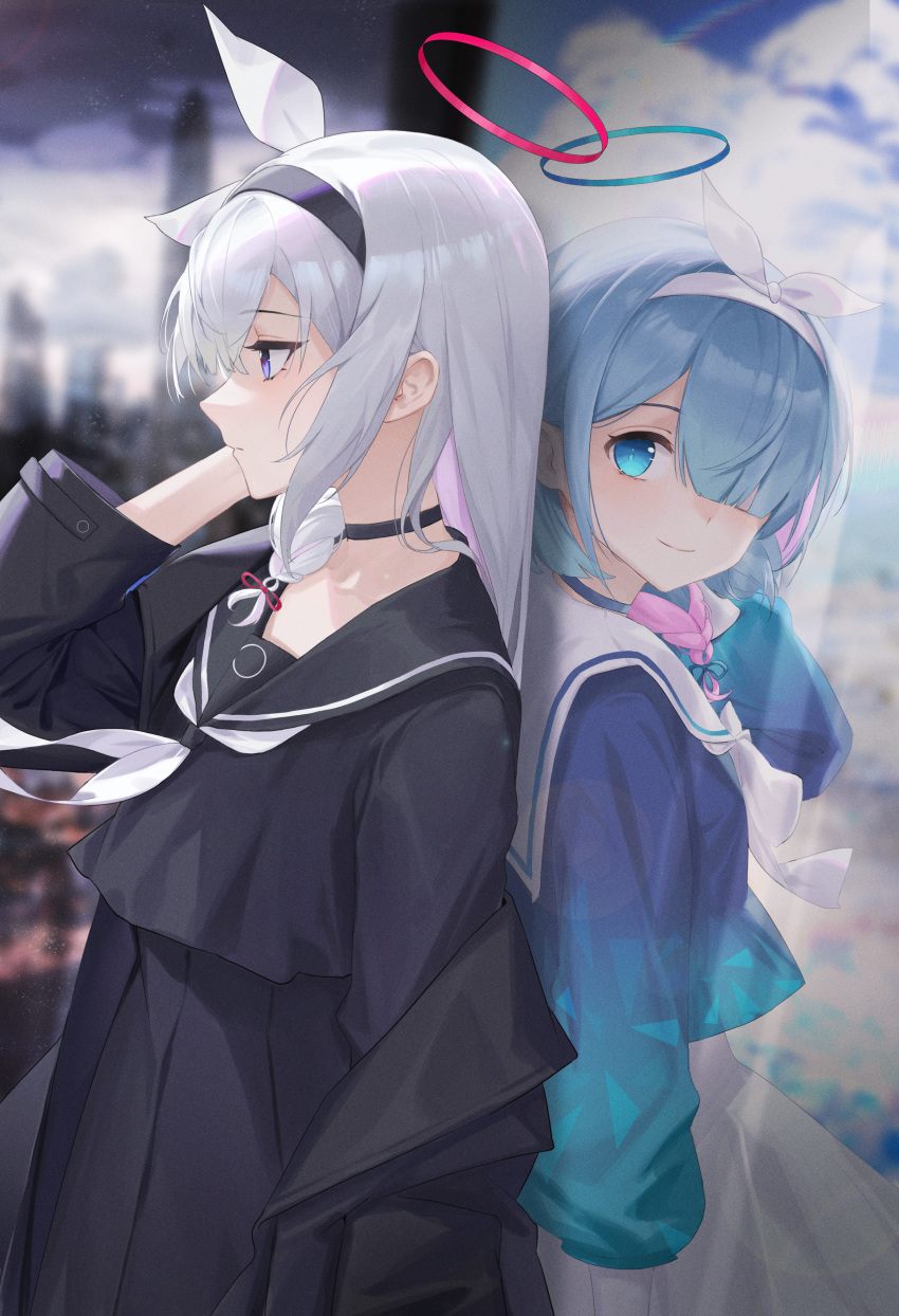 2girls absurdres arona_(blue_archive) back-to-back black_hairband black_sailor_collar black_serafuku black_skirt blue_archive blue_eyes blue_hair blue_serafuku blurry blurry_background braid closed_mouth colored_inner_hair expressionless gmirror1 hair_over_one_eye hair_ribbon hairband halo hand_up highres long_hair looking_afar multicolored_hair multiple_girls neckerchief outdoors pink_hair plana_(blue_archive) purple_eyes ribbon sailor_collar school_uniform serafuku short_hair side_braid sidelocks single_braid skirt smile white_hair white_hairband white_neckerchief white_sailor_collar white_skirt