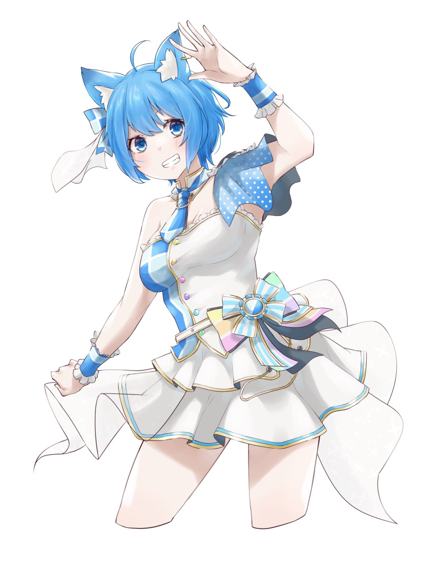 1girl ahoge animal_ear_fluff animal_ears animare_stage_costume belt blue_bow blue_eyes blue_hair blue_necktie blush bow breasts cleavage commentary_request cowboy_shot cropped_legs dog_ears dog_girl epaulettes frilled_shirt frills grin highres looking_at_viewer lovermoonlight medium_bangs medium_breasts nanashi_inc. necktie official_alternate_costume shirt short_hair short_necktie simple_background single_epaulette skirt smile solo souya_ichika strapless strapless_shirt striped striped_bow virtual_youtuber waist_bow white_background white_belt white_bow white_shirt white_skirt wrist_cuffs