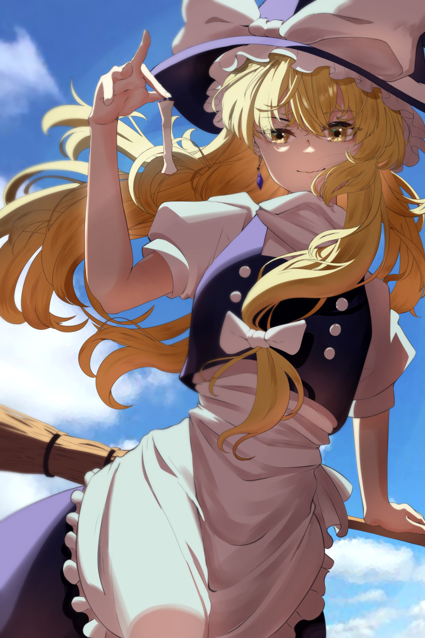 1girl apple apple_core apron axeria810 black_skirt black_vest blonde_hair blue_sky bow broom buttons cloud commentary_request food fruit hair_bow hat hat_bow highres kirisame_marisa long_hair puffy_short_sleeves puffy_sleeves shirt short_sleeves skirt sky solo touhou vest waist_apron white_apron white_bow white_shirt witch_hat
