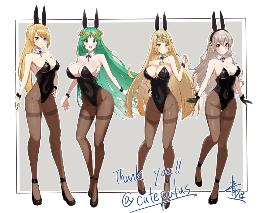 4girls :d absurdres aotsuba ass_visible_through_thighs asymmetrical_bangs bare_shoulders black_gloves black_hairband black_high_heels black_leotard blonde_hair blue_eyes blush breasts brown_pantyhose bunny_ear_hairband chinese_zodiac cleavage commission commissioner_upload corrin_(female)_(fire_emblem) corrin_(fire_emblem) covered_navel dangle_earrings detached_collar earrings fire_emblem fire_emblem_fates full_body gloves green_eyes green_hair grey_hair hair_between_eyes hairband hand_on_own_hip high_heels highleg highleg_leotard highres huge_breasts jewelry kid_icarus kid_icarus_uprising large_breasts leotard lineup long_hair long_pointy_ears looking_at_viewer metroid mole mole_under_mouth multiple_girls mythra_(xenoblade) open_smile palutena pantyhose parted_bangs playboy_bunny pointy_ears ponytail red_eyes ribbon_tie samus_aran skeb_commission smile standing strapless strapless_leotard super_smash_bros. swept_bangs thigh_gap thighband_pantyhose tiara very_long_hair wide_hips wrist_cuffs xenoblade_chronicles_(series) xenoblade_chronicles_2 year_of_the_rabbit yellow_eyes