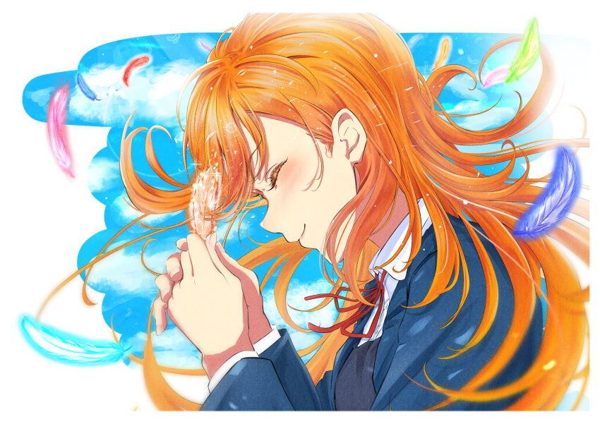 1girl absurdres blazer blue_jacket blush closed_eyes closed_mouth collared_shirt dress dress_shirt feathers from_side frontrivers_kae grey_dress highres jacket long_hair long_sleeves love_live! love_live!_superstar!! neck_ribbon open_clothes open_jacket orange_hair pinafore_dress portrait profile red_ribbon ribbon school_uniform shibuya_kanon shirt sleeveless sleeveless_dress smile solo white_shirt winter_uniform yuigaoka_school_uniform