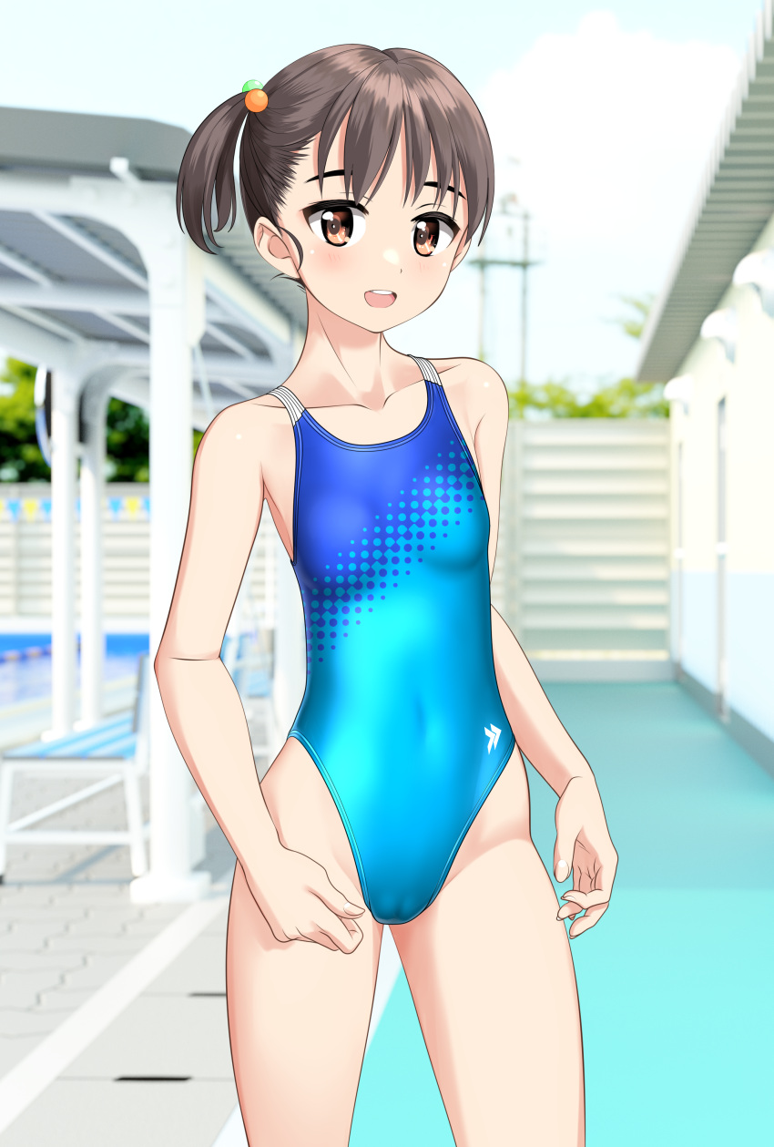 1girl absurdres aqua_one-piece_swimsuit black_hair brown_eyes collarbone commentary_request competition_swimsuit contrapposto covered_navel highleg highleg_swimsuit highres indoors one-piece_swimsuit open_mouth original poolside round_teeth school_swimsuit screentones short_hair side_ponytail solo stairs standing swimsuit takafumi teeth two-tone_swimsuit upper_teeth_only variant_set