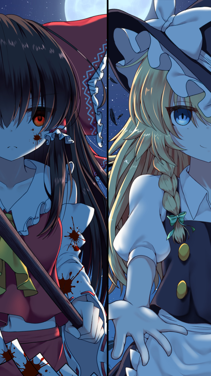 2girls apron ascot black_feathers blonde_hair blood blood_on_clothes blood_on_face blush bow braid closed_mouth detached_sleeves empty_eyes falling_feathers feathers frilled_bow frilled_hair_tubes frills frown full_moon gohei green_ribbon hair_bow hair_ribbon hair_tubes hakurei_reimu highres holding holding_gohei kirisame_marisa long_hair moon multiple_girls night night_sky rankasei reaching reaching_towards_viewer red_bow red_eyes red_skirt ribbon ribbon-trimmed_sleeves ribbon_trim short_sleeves side_braid single_braid skirt skirt_set sky smile star_(sky) touhou vest waist_apron yellow_ascot