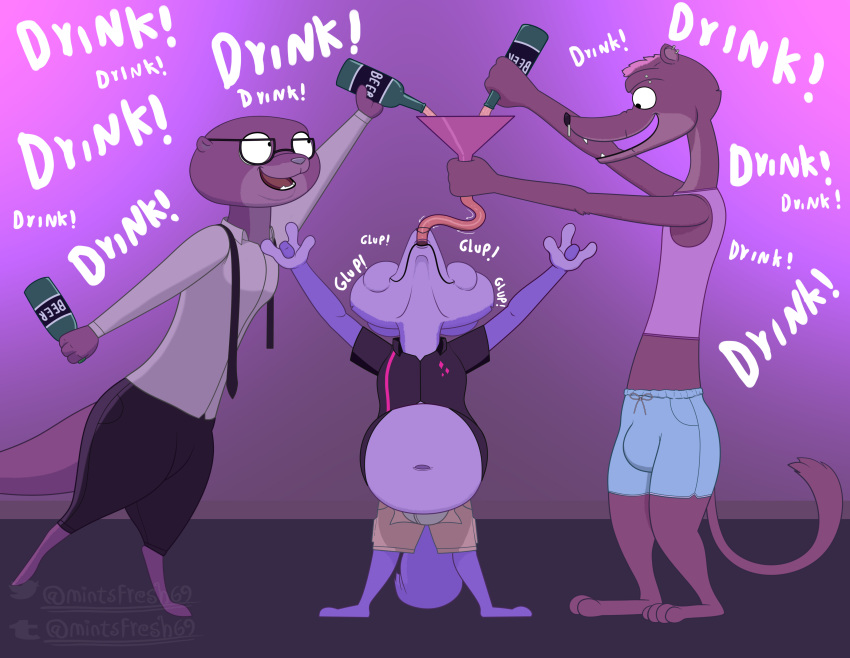 absurd_res alcohol anthro beer belly beverage canid canine clothed clothing disney drinking duke_weaselton eyewear female fennec finnick_(zootopia) fox funnel glasses glup hi_res male mammal mintsfresh69 mustelid musteline navel otter party sam_(zootopia+) swallowing tail true_musteline weasel zootopia