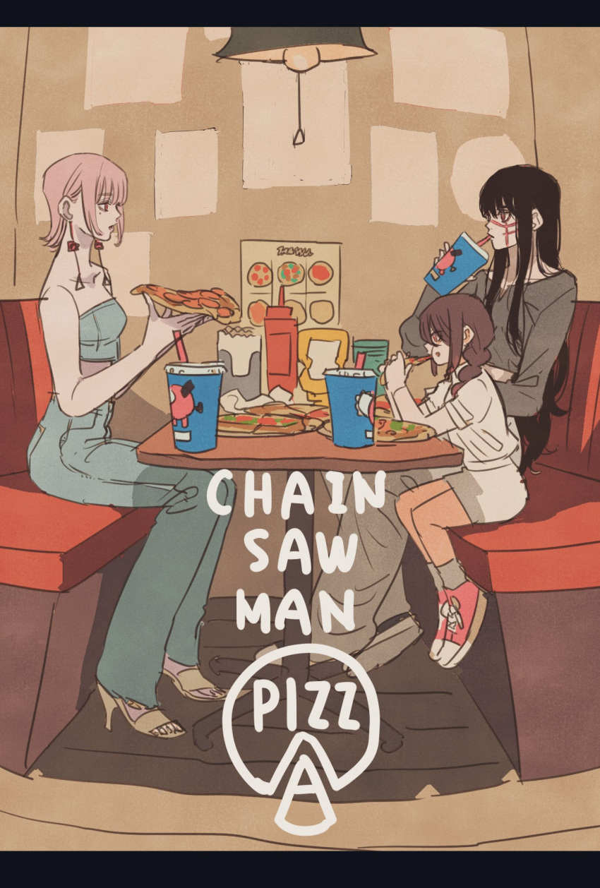 3girls black_hair braid braided_ponytail brown_hair chainsaw_man copyright_name cross_scar cup earrings fami_(chainsaw_man) female_child food hair_over_shoulder highres holding holding_food holding_pizza jewelry letterboxed long_hair looking_at_another multiple_girls nayuta_(chainsaw_man) pizza restaurant ringed_eyes scar scar_on_cheek scar_on_face short_hair sitting strapless takeuchi_ryousuke tassel tassel_earrings tube_top yoru_(chainsaw_man)