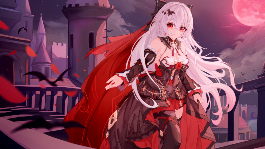 1girl bare_shoulders bat_(animal) black_dress black_sleeves black_thighhighs blackheart` breasts chinese_commentary cleavage closed_mouth commentary commentary_request detached_sleeves dress full_moon hair_between_eyes hair_ornament highres honkai_(series) honkai_impact_3rd jewelry long_hair long_sleeves looking_at_viewer luna_(honkai_impact) medium_breasts moon night outdoors petals red_eyes red_moon sky smile solo theresa_apocalypse theresa_apocalypse_(lunar_vow:_crimson_love) thighhighs vampire white_hair