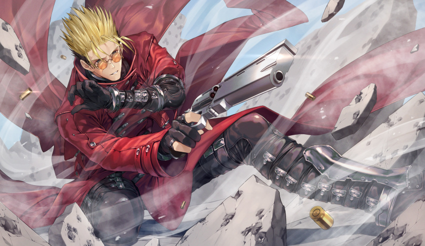 1boy blonde_hair blue_eyes coat commentary_request full_body gloves greenkohgen gun highres holding holding_weapon kneeling long_coat orange-tinted_eyewear partially_fingerless_gloves prosthesis prosthetic_arm red_coat revolver round_eyewear short_hair smile sunglasses tinted_eyewear trigun undercut vash_the_stampede weapon