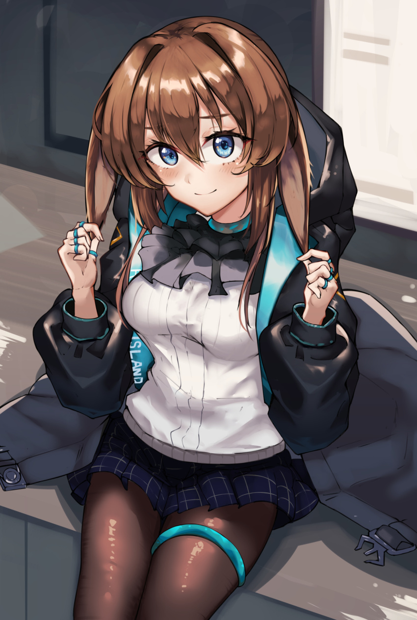 1girl absurdres amiya_(arknights) animal_ears arknights ascot black_ascot black_jacket black_pantyhose blue_eyes blue_skirt blush breasts brown_hair clothes_writing collar cowboy_shot hair_between_eyes hand_on_own_ear highres jacket jewelry long_hair long_sleeves looking_at_viewer multiple_rings nestleo open_clothes open_jacket pantyhose plaid plaid_skirt pleated_skirt pulling_own_ear rabbit_ears rabbit_girl ring shirt sitting skirt small_breasts smile solo white_shirt