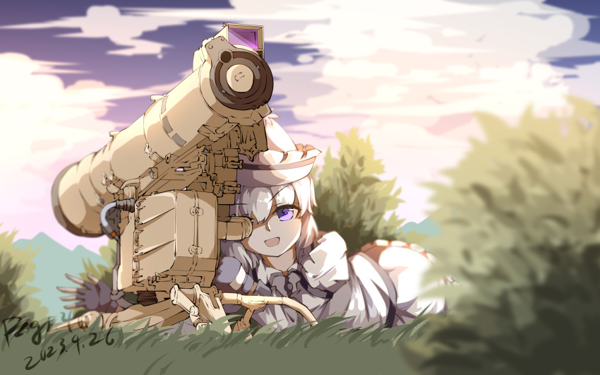 1girl :d absurdres blurry blurry_background cannon chinese_commentary cloud commentary_request full_body grass highres looking_at_viewer merlin_prismriver open_mouth outdoors pink_headwear purple_eyes pzgr.40 short_hair smile solo touhou turret variant_set white_hair