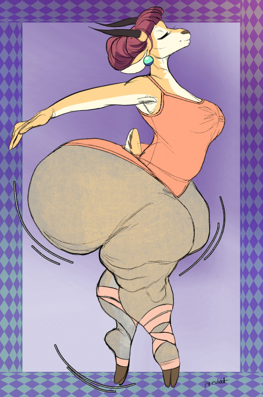 antelope anthro ballerina ballet big_butt bottom_heavy bovid breasts butt clothed clothing dancing eyelashes eyes_closed female gazelle hi_res horn huge_butt huge_thighs hyper hyper_butt mammal motion_lines pyredaemos solo thick_thighs tiptoes