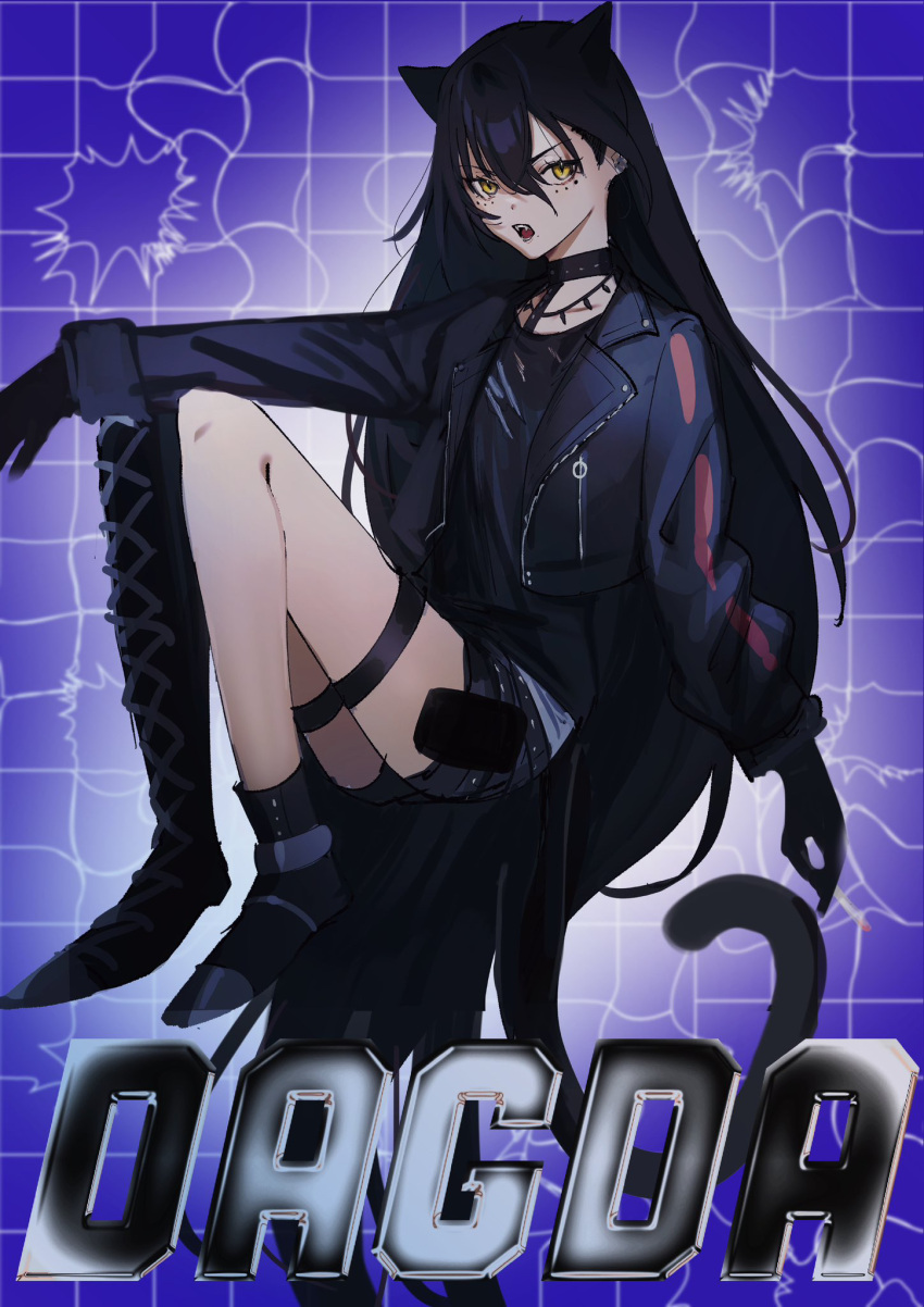 1girl animal_ears arknights black_footwear black_gloves black_hair black_jacket black_shirt black_shorts boots character_name cropped_jacket dagda_(arknights) fangs full_body gloves hair_between_eyes highres inu_to_milk jacket knees_up long_hair long_sleeves looking_at_viewer open_clothes open_jacket open_mouth puffy_long_sleeves puffy_sleeves purple_background shirt short_shorts shorts single_thigh_boot sitting solo tail thigh_boots very_long_hair yellow_eyes