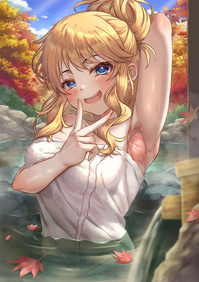 1girl absurdres arm_up armpits blonde_hair blue_eyes blush breasts hair_bun highres idolmaster idolmaster_cinderella_girls leaf looking_at_viewer maple_leaf medium_breasts naked_towel ohtsuki_yui onsen partially_submerged sidelocks single_hair_bun smile solo towel v v_over_mouth wari_sando water_drop