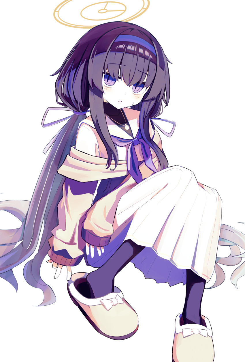 1girl absurdres bags_under_eyes black_pantyhose blue_archive blush cardigan commentary hairband halo highres knees_up long_hair looking_at_viewer neckerchief neumo_(_neumo_) pantyhose purple_eyes purple_hair purple_hairband purple_neckerchief sailor_collar shirt sidelocks simple_background sitting skirt sleeves_past_wrists slippers solo sweat twintails ui_(blue_archive) very_long_hair white_background white_sailor_collar white_shirt yellow_footwear yellow_skirt