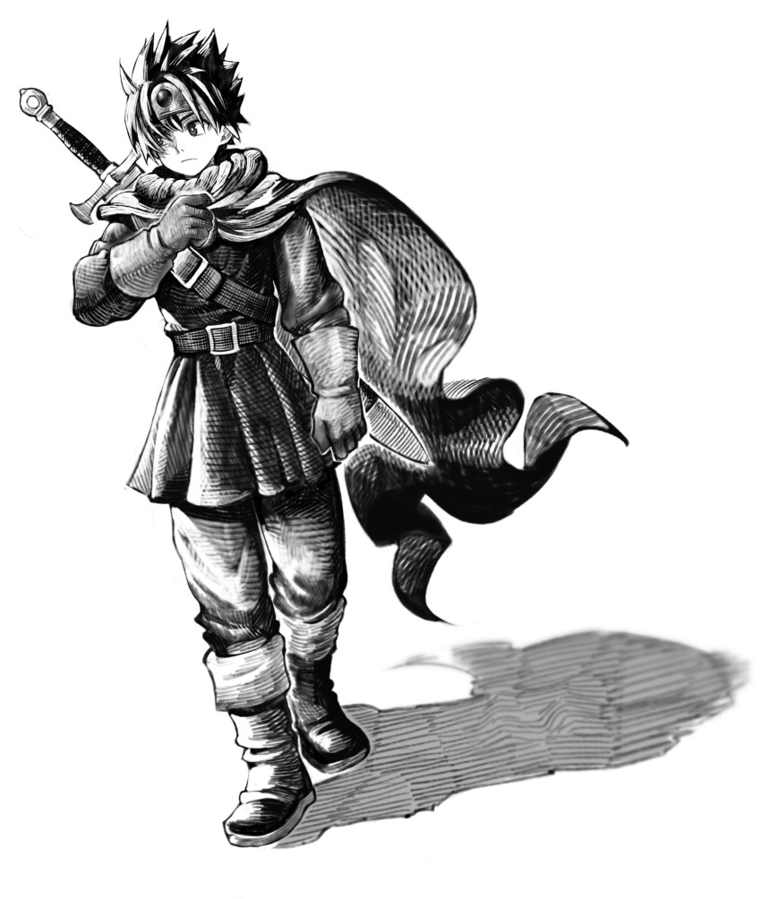 1boy belt belt_buckle boots buckle circlet closed_mouth commentary_request dragon_quest dragon_quest_iii floating_cape gloves greyscale hand_up highres jun_(navigavi) knee_boots long_sleeves looking_to_the_side male_focus monochrome pants roto_(dq3) short_hair solo spiked_hair standing sword sword_on_back tunic weapon weapon_on_back white_background