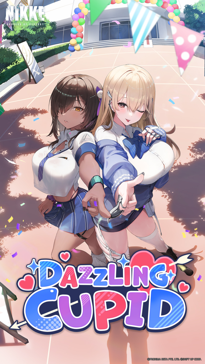 2girls blonde_hair blue_bow blue_bowtie blush bow bowtie breasts brown_eyes brown_hair collared_shirt dark-skinned_female dark_skin goddess_of_victory:_nikke hair_ornament highres jacket jewelry large_breasts long_hair multiple_girls naga_(nikke) necktie official_art ring scrunchie shirt short_sleeves skirt tia_(nikke) white_shirt wrist_scrunchie