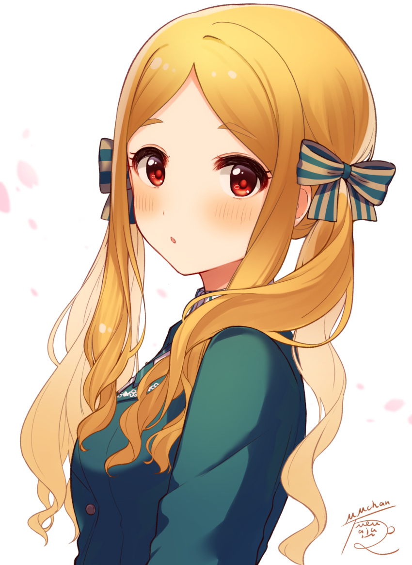 1girl blonde_hair blush bow green_shirt hair_bow highres idolmaster idolmaster_cinderella_girls idolmaster_cinderella_girls_starlight_stage long_hair looking_at_viewer mmmakaron888 mochizuki_hijiri red_eyes shirt solo striped striped_bow upper_body