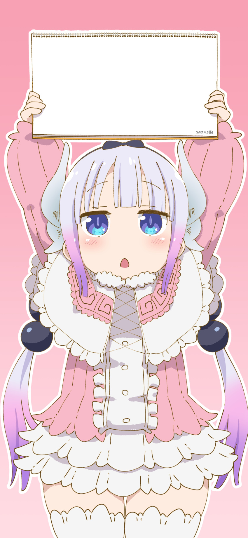 1girl absurdres arms_up beads blue_eyes blush center_frills commentary_request cowboy_shot dragon_girl dragon_horns dress frilled_dress frills gradient_background gradient_hair grey_hair hair_beads hair_ornament hairband highres holding holding_sketchbook horns kanna_kamui kobayashi-san_chi_no_maidragon long_hair low_twintails microdress multicolored_hair open_mouth pink_background pink_hair purple_hair samansa_ex sketchbook solo template thighhighs twintails white_thighhighs zettai_ryouiki