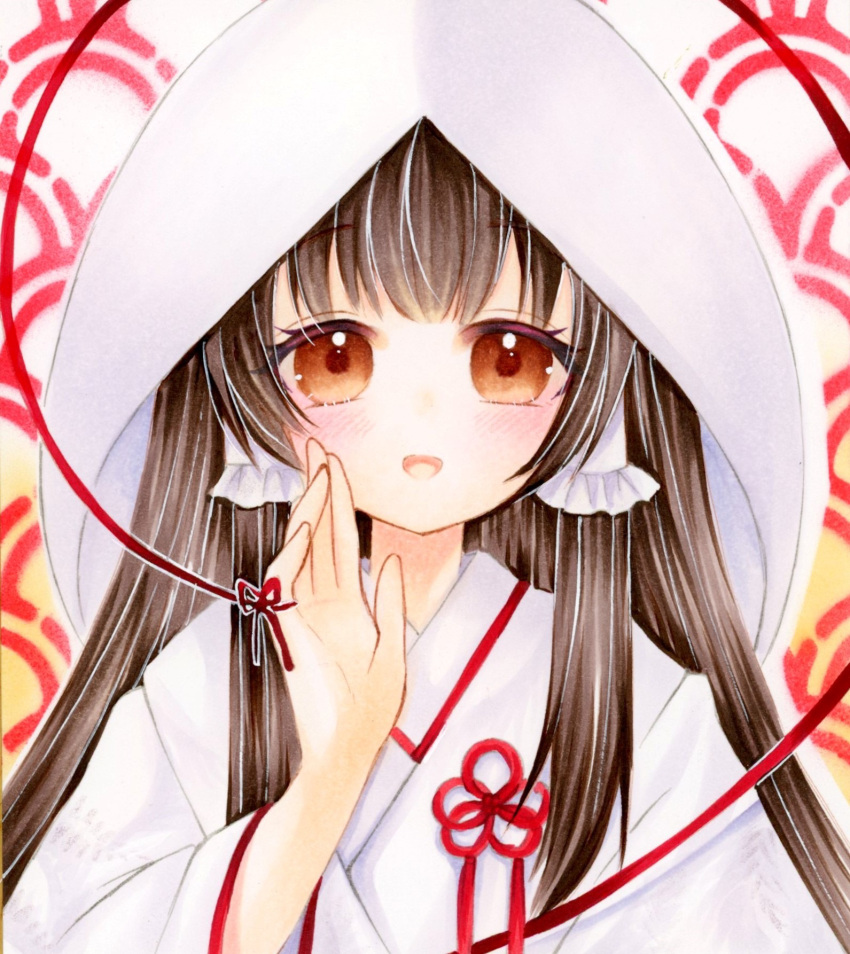 1girl :d alternate_costume brown_eyes brown_hair commentary_request hair_tubes hakurei_reimu hand_up highres hood hood_up japanese_clothes kimono long_hair looking_at_viewer marker_(medium) open_mouth portrait robe shiromuku simple_background smile solo touhou traditional_media uchikake upper_body white_robe yuuki_hana_(jtnp5334)