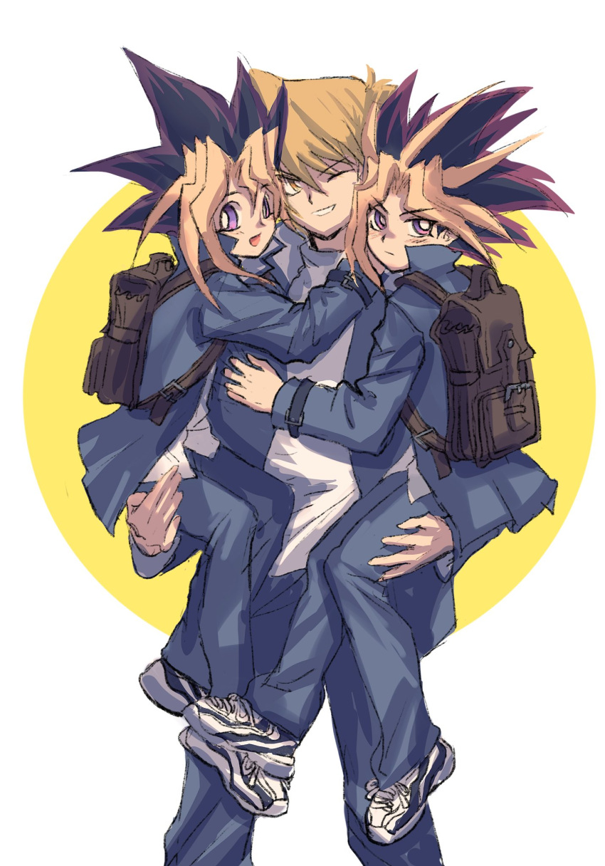 backpack bag black_hair blonde_hair blush carrying clenched_teeth highres jacket jounouchi_katsuya male_focus multicolored_hair mutou_yuugi one_eye_closed open_clothes open_jacket pants purple_eyes red_hair shirt sketch smile spot_dian teeth white_shirt yami_yuugi yu-gi-oh! yu-gi-oh!_duel_monsters