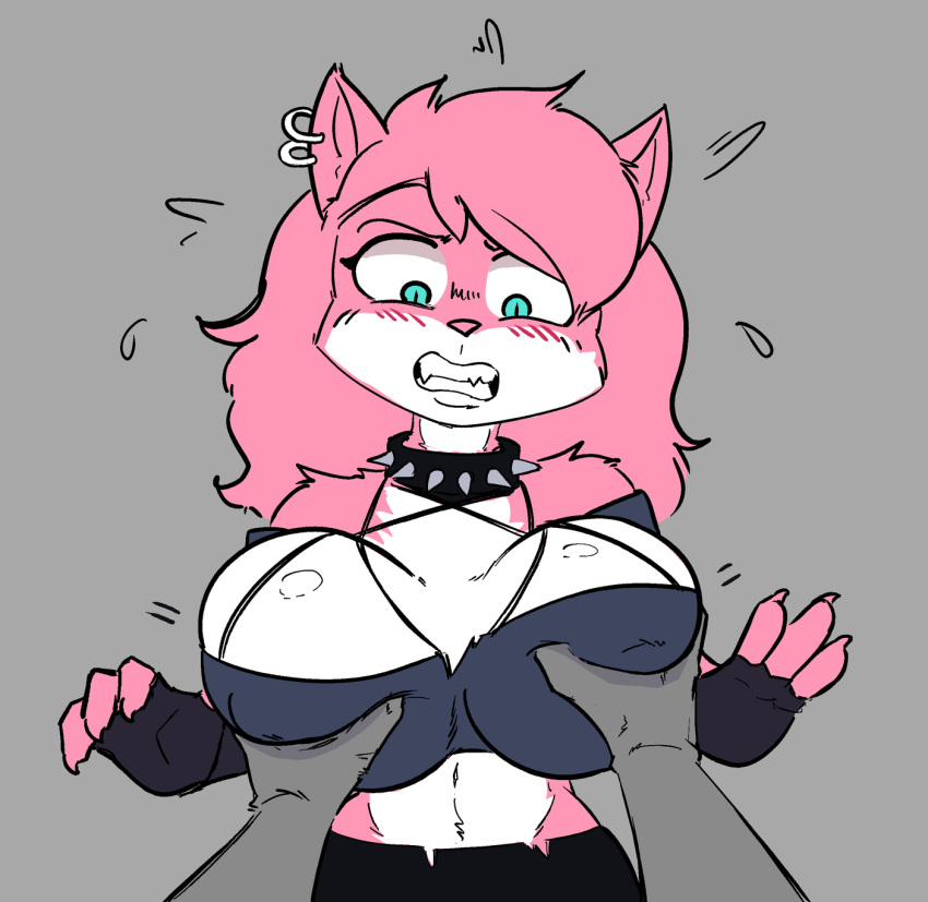 2023 4_fingers aeris_(vg_cats) ambiguous_gender ambiguous_pov anthro big_breasts big_eyes biped black_bottomwear black_clothing black_collar black_eyebrows black_eyelashes black_gloves black_handwear black_pupils blue_clothing blue_topwear blue_tube_top blush blush_lines bodily_fluids bottomwear breast_grab breasts claws cleavage cleavage_overflow clenched_teeth clothed clothed_anthro clothed_female clothing collar cosplay countershade_face countershade_fur countershade_neck countershade_torso countershading crossover crossover_cosplay crotch_tuft digital_drawing_(artwork) digital_media_(artwork) domestic_cat duo ear_piercing ear_ring eyebrows eyelashes fangs felid feline felis female female/ambiguous female_anthro finger_claws fingerless_gloves fingers first_person_view flying_sweatdrops fully_clothed fully_clothed_anthro fully_clothed_female fur fur_tuft gloves grey_background grey_body hair hand_on_another's_breast hand_on_breast handwear helluva_boss hi_res huge_breasts iris long_hair looking_at_breasts looking_at_own_breasts looking_at_self looking_down loona_(helluva_boss) mammal midriff multicolored_body multicolored_fur piercing pink_body pink_claws pink_ears pink_fur pink_hair pink_inner_ear pink_nose prick_ears pupils ring_piercing shoulder_tuft simple_background slit_pupils spiked_collar spikes stupidgnoll surprise sweat sweatdrop teal_eyes teeth topwear tube_top tuft two_tone_body two_tone_fur vg_cats webcomic white_body white_breasts white_countershading white_fur